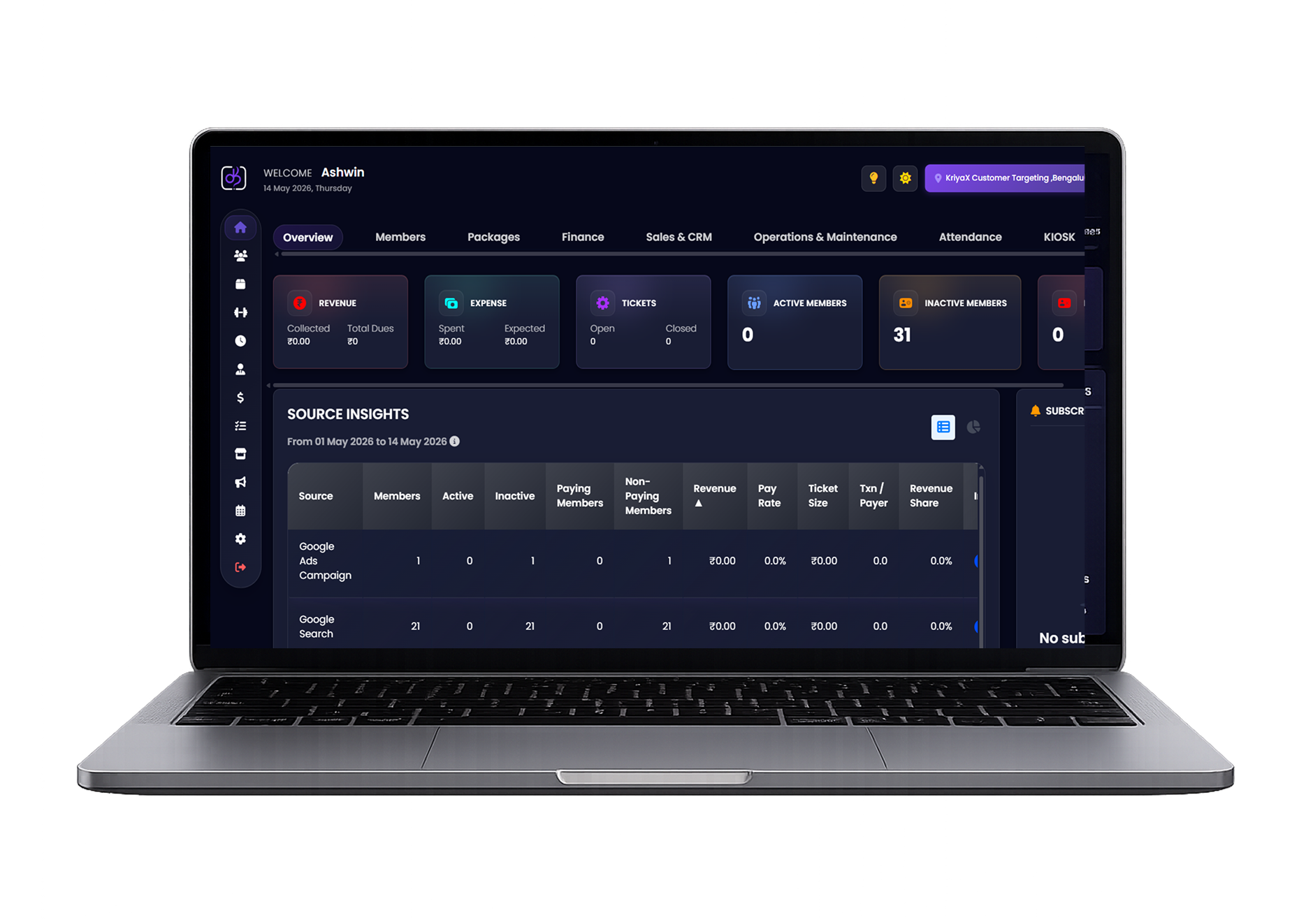 KriyaX management dashboard on laptop